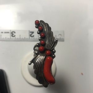 nativ american silver ring coral ston